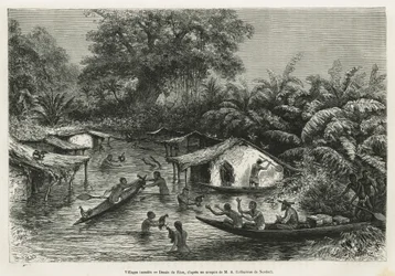 アルフレッド・マルシェが1875年から1877年にかけて行ったガボンとオゴエ川への旅の物語を説明するために、リウが描いたイノンデスの村々。Le tour du monde』に掲載されているエングレーヴィング