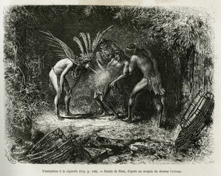 ルークーヤンインディアンのタバコによる医療燻蒸。1878年から1879年にかけて、フランス海軍の医師ジュール・クレヴォーが、エドゥアール・シャルトンの指揮の下、『Tour du monde』誌に掲載したCayenne aux Andesの物語を説明するためのリウの版画。