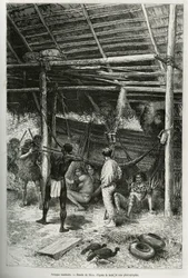 アマゾン河畔のインディアンによる探検家の小屋への朝の襲撃。1878年から1879年にかけて、フランス海軍の医師ジュール・クレヴォーが書いたカイエン・オ・アンデスの物語を説明するためにリウが描いたもので、「Tour du monde」に掲載されている。
