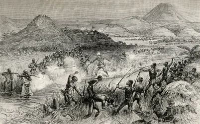 ヘンリーモートンスタンリー卿とマザンボニ族との最初の出会い、1890年（木版画）