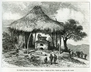 パンチェ（コロンビア）の砂糖焼き窯。1875年から1876年にかけて、フランス政府が派遣した旅行者ミッション、エド・アンドレが春秋アメリカ（コロンビア、エクアドル、ペルー）の物語を説明するためにリウが描いたもの。Le tour du monde」に掲載された版画