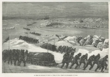 1875年から1876年にかけてのG.S.Nares船長による極海への航海の物語を説明するために描かれたRiouによる極地探検隊の船、Alert Sledsの出発。Le tour du monde』に掲載された版画