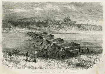 魚を捕らえるエボガ川の漁業は、その竹の粘土を介して急流を導きます。1875年から1877年にかけて、アルフレッド・マルシェによるガボンとオゴエ川への旅行の物語を説明するために、リウが描いたものです。Le tour du monde』に掲載された版画