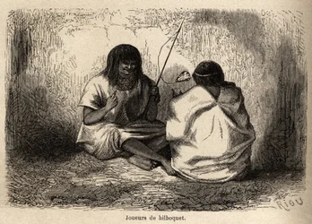 ペルーのコニボス・インディアンの間で行われていた亀の頭を使ったビルボケットの遊び。1848年から1860年にかけてP.マルコイが太平洋から大西洋へと航海した際にリウが描いたもの。Edoua編集の「Le tour du monde」に掲載されている図版。