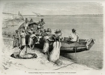 タバティンガ（アマゾン上流域）付近でのゴム研究者の始まり。1878年から1879年にかけて、フランス海軍の医師ジュール・クレヴォーが「Tour du monde」に掲載した「Cayenne aux Andes」の物語を説明するために、リウが描いたもの。