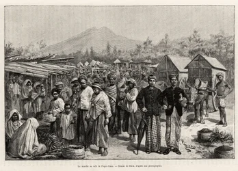 パガー・アラム・カフェ（マレーシア）での散歩の様子。ジュール・クレーヌ（1856-1939）の「マレーシアでの1年」という物語を説明するためにRiouが描いたエングレーヴィング