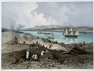 G.ニコルによるスエズ運河の開通式」の運河の様子。1869