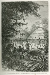Yacouman, Roucouyenne chief, tribe of Guiana on the rivers of Oyapock, chasing the devil, he walks of the village after birth of a child, sprinkling a milk milk white liquid with a feather brush, engraving after the drawing by Riou, illustrated the the a p