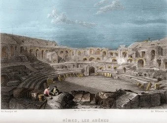 Les arenes de Nimes, Gard, Languedoc-Roussillon (Languedoc Roussillon), France.Jean-Bernard Mary-Lafon（ジャン・ベルナール・マリー・ラフォン）の「La France ancienne et moderne」に掲載されているWillmannのエングレーヴィング。