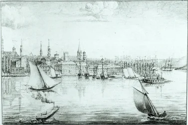 1821年、ドモントゥール作「イタリアのシチリアとエジプトのアメリカへの旅の地図と眺めのコレクション」より、西からニューヨーク