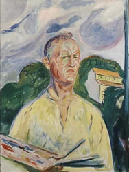 「パレットによる自画像 エドヴァルド・ムンク（1863-1944）の絵画 1926年 コレクション・プライヴェート