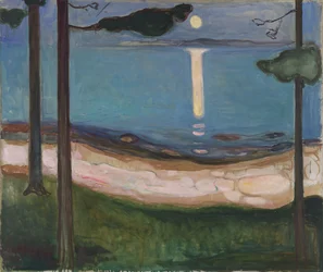 月光の北欧の風景。エドヴァルド・ムンク（1863-1944）による絵画1895薄暗い。 93x110 cmオスロ、ナジョナルギャラリー