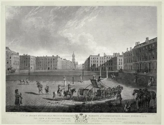 ロバート・ポラード（1755-1838）とフランシス・ジュークス（1747-1812）が彫った「ハノーバー広場の眺め」1787年（エッチングとアクアチント）。