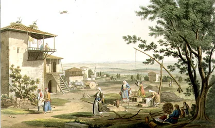 ラリッサ、フレデリック・クリスチャン・ルイス（1779-1856）が彫った「ギリシャの景色」の第6部からのプレート29、1821年に出版。1821年（アクアチント）。