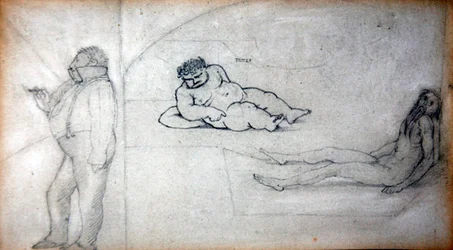 蒸気風呂に入るウィリアム・モリスと画家、1890年頃（紙に鉛筆）