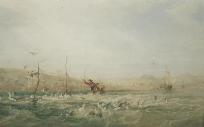 カモメを網から追い出す漁師たち（南ウェールズ・マンブルズ