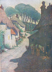 1920年頃、ハッチンソン社発行の『ハッチンソンの美しい英国』より、南デヴォンのサールストーン村（カラーリトグラフ）。