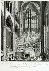 1785年にチャールズバーニーによって出版されたヘンデル記念の時のウェストミンスター寺院のオーケストラとパフォーマーのビュー