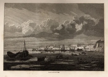 1862年、ポール・メルーによるスエズ運河へのエクスカーションを説明するためにグルネが描いたスエズ（エジプト）の街の風景。エドゥアール・シャルトン編『Le tour du monde』に掲載された図版