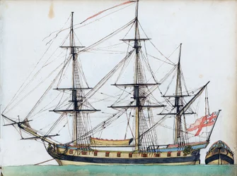 20門砲のイギリス船、艤装とボートを示す、船尾の別図、1780年頃（水彩、ペン・インク） (watercolour, pen  ink )