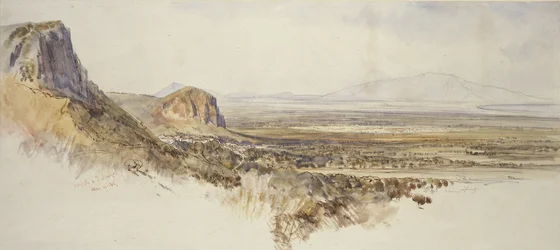 ボルゲットとパルテニコの遠景、シチリア、1847年（ペンと茶色のインク、水彩画とグラファイト、オフホワイトの紙）