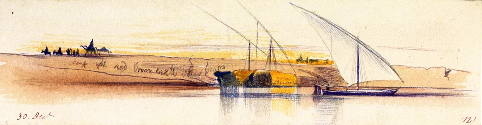 ナイル河岸（エジプト）。3隻のジャヤシのうち2隻は藁を積んでおり、背景には夕日に照らされた人物や動物が描かれている。