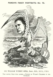 パンチの漫画。Sir William Withey Gull（イギリスの医師、プリンス・オブ・ウェールズの腸チフスを治療し、ヴィクトリア女王の主治医となった）（彫刻