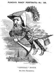 将軍」ウィリアム・ブース（1829-1912）福音主義の社会事業家、救世軍の創設者。エドワード・リンレイ・サンボーン「Fancy Portrait」『パンチ』（ロンドン1883年10月27日号）より。木版画。