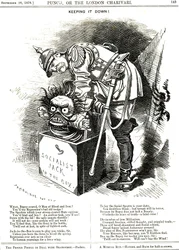 Keeping It Down.オットー・フォン・ビスマルク（1815-1898）ドイツ首相、社会主義のジャックを無理やり箱に戻そうとしている。キャプションでは、抑圧された行為はすべて、より自由になりたいという人間の願いを叶える万能薬のようなものだと語っている。漫画：エドワード・リンレイ・サンボウ
