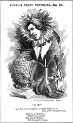 オスカー・ワイルド（1854-1900）アイルランドの劇作家、小説家、詩人、ウィット。エドワード・リンレイ・サンボーンによる『パンチ・ロンドン』誌に掲載された「ファンシー・ポートレイト」シリーズの漫画（1881年6月25日）で、ワイルドがひまわりに扮している。木版画