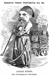 リチャード・フランシス・バートン(1821-1890) イギリスの東洋人、探検家。エドワード・リンレイ・サンボーンによる『パンチ』誌（ロンドン）掲載の漫画