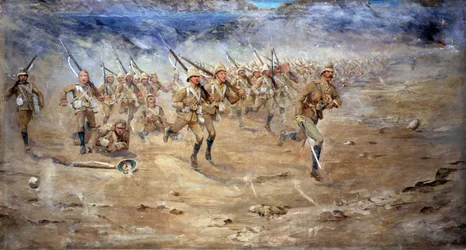 攻撃の前に進むグロスターシャー連隊の前と後の帰還、インド北西辺境、1897