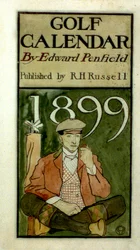 クラブを持って座っているゴルファー、水彩画で描かれています。エドワード・ペンフィールド（Edward Penfield）1866-1925年（1899
