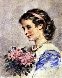 ピンクの花束を持つ少女（紙に鉛筆の上に水彩画）