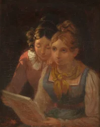 写真を見ている二人の少女、1820年頃（パネルに油彩）
