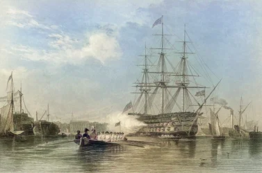 イギリスのゴスフォード港で敬礼するイギリス海軍の旗艦。 19 世紀 (彫刻)