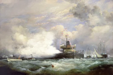 1873年6月23日、ペルシャ国王を讃える海軍観閲式に際して、スピットヘッドに停泊中のHM砲塔艦「デヴァステーション