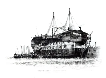 ポーツマス港の刑務所船：乗船中の囚人、1828