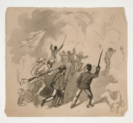 南北戦争の戦闘シーン (レクト); 森の中の男の正体不明のイラスト (裏面)