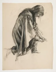 The Quest of the Holy Grail (1901 年に完成したボストン公立図書館のための 15 の絵画シリーズの 2 番目) からのランスロット卿とボールス卿の服装のガラハッドと彼の拍車 (?) のフィギュアスタディ