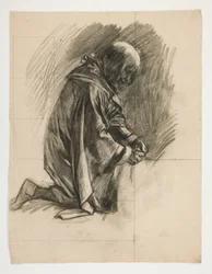 The Quest of the Holy Grail (1901 年に完成したボストン公立図書館のための 15 の絵画シリーズの 2 番目) からのランスロット卿とボールス卿の服装のガラハッドと彼の拍車の図の研究
