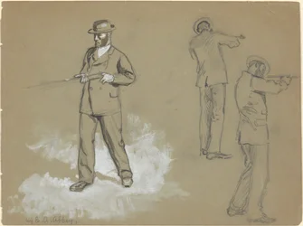 銃を持った男の 3 つのスケッチ (直訳); A. S. ウィナ (?) のフィギュア スタディとポートレート (裏面)