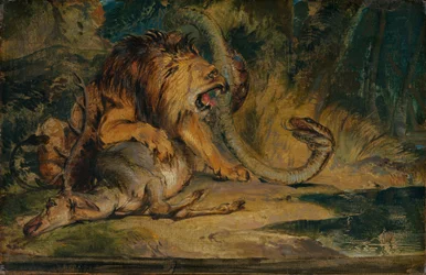 獲物を守るライオン、c。 1840年。