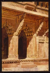 不思議なことに鍛造された赤い砂岩のアーチ、フォートアグラ、インド、1885-95年