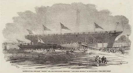 ノースフリートでのHMガンボートペルターとポルトガルの蒸気船ドムペドロセコンドの打ち上げ