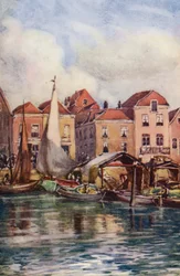 ライン川ドルトレヒト、魚市場（カラーリトグラフ）