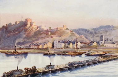 ライン川エーレンブライトシュタイン、舟橋（カラーリトグラフ）