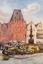 ライン川赤い家、トリーア、トレヴェス（カラーリトグラフ）