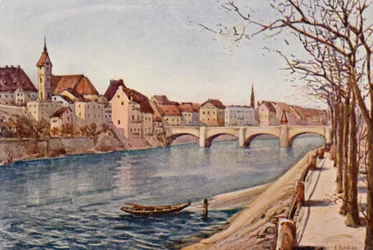 ライン川バーゼルのライン川、ベール（カラーリトグラフ）