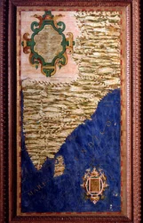 イタリアの数学者、宇宙誌学者、建築家エニャツィオ・ダンティ（1536-1586年）が制作したインド地図。1567年頃。フィレンツェ、ヴェッキオ宮殿、世界地図の間